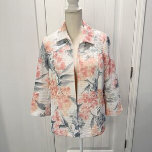 Alfred Dunner Peach White Floral Blazer Size 8 Open Front  3/4 Sleeve Springtime
